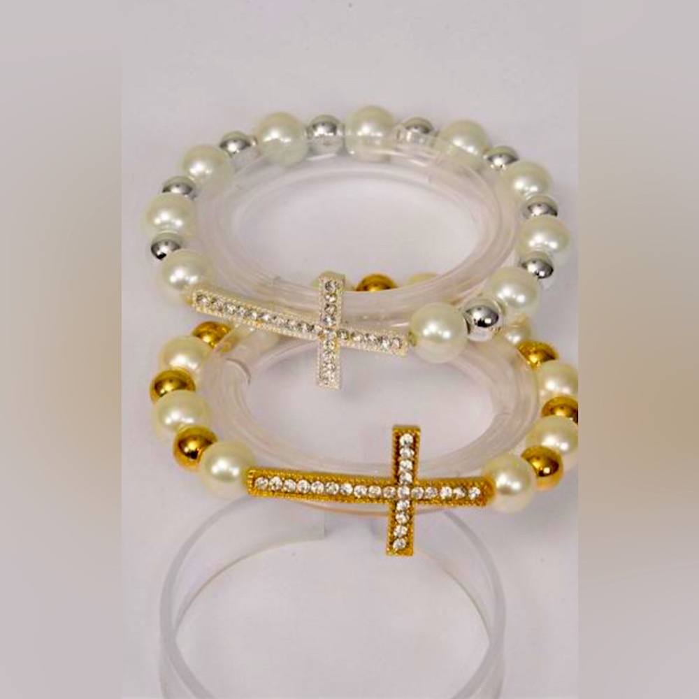 Six Sideways Cross Rhinestone 10 mm Glass Pearl & 8 mm CCB Bracelet Wholesale
